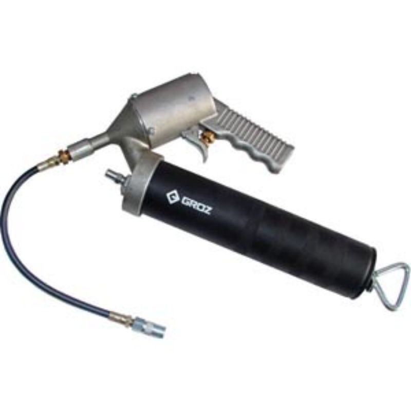 Groz Pneumatic Grease Gun 450gm with flexible hose, quick coupler, and precise intermittent grease discharge for efficient lubrication.