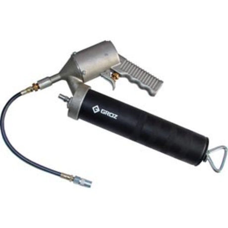 Groz Pneumatic Grease Gun with a 12" flexible hose delivers continuous lubrication at 4800 PSI, perfect for workshops and machinery maintenance.