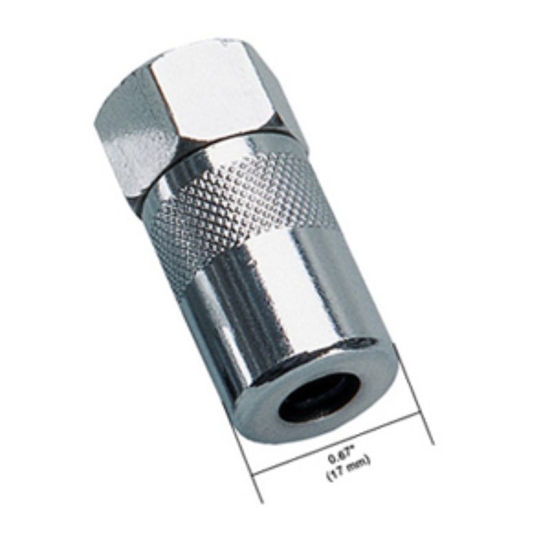 Groz 17.0mm HD-Series hydraulic coupler, 3-jaw design for high-pressure grease applications up to 10,000 PSI.