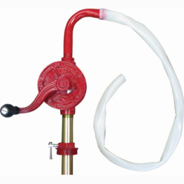 Groz Rotary Barrel Pump with suction tube and hose, ideal for dispensing non-corrosive liquids like diesel and oils efficiently.