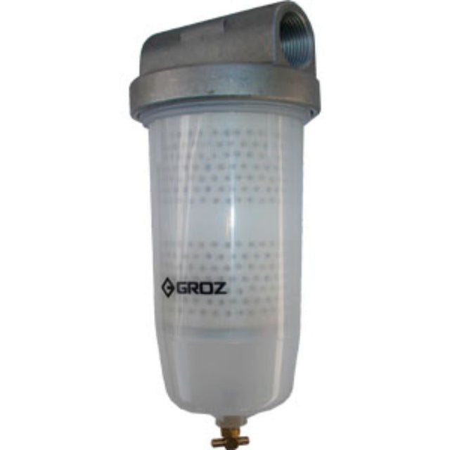 High flow Groz universal fuel filter with a 10-micron element, ideal for gasoline and diesel, for agricultural and industrial use.