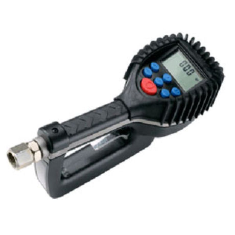 Groz Electronic Metered Oil Control Gun with digital display, swivel inlet, and non-drip spout for precise oil dispensing.