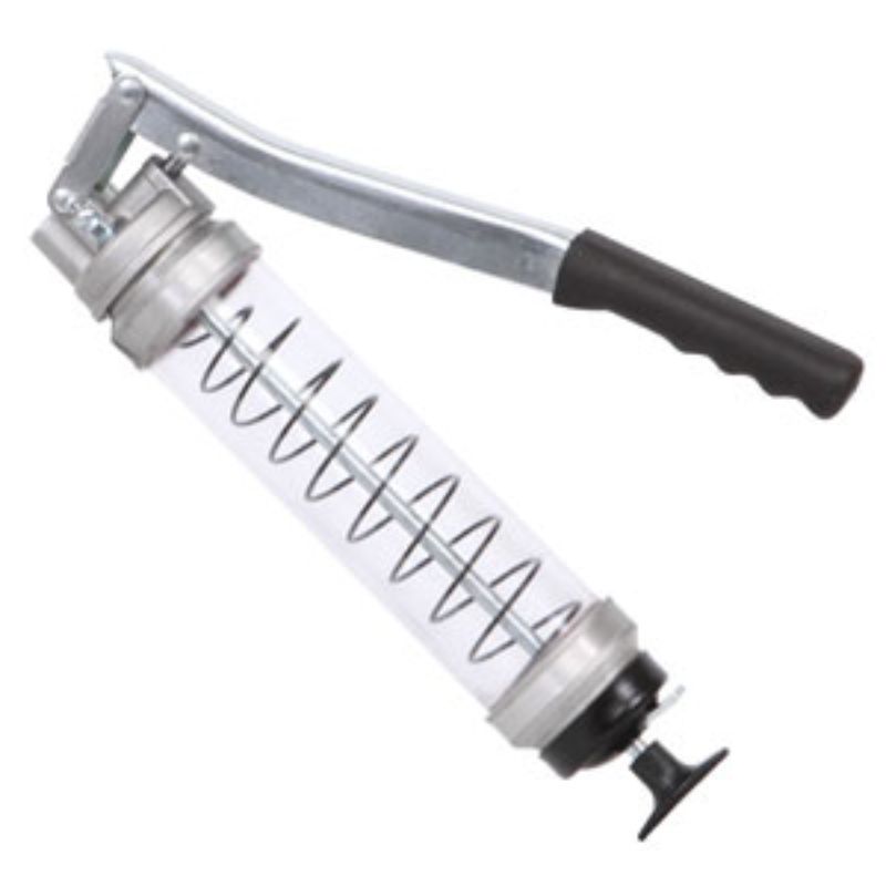 Heavy-duty Groz Clear Lever Action Grease Gun with 450g capacity and 10,000 PSI, featuring a clear tube for precise dispensing.