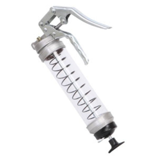 Groz Clear Pistol Grip Grease Gun with flexible hose, aluminum head, and clear tube for precise lubrication without cross-contamination.