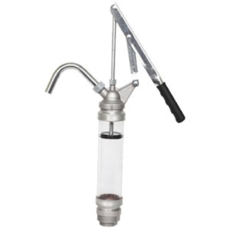 Groz Clear Lever Action Barrel Pump for efficient oil dispensing; durable aluminum head, polycarbonate tube, and versatile fittings.