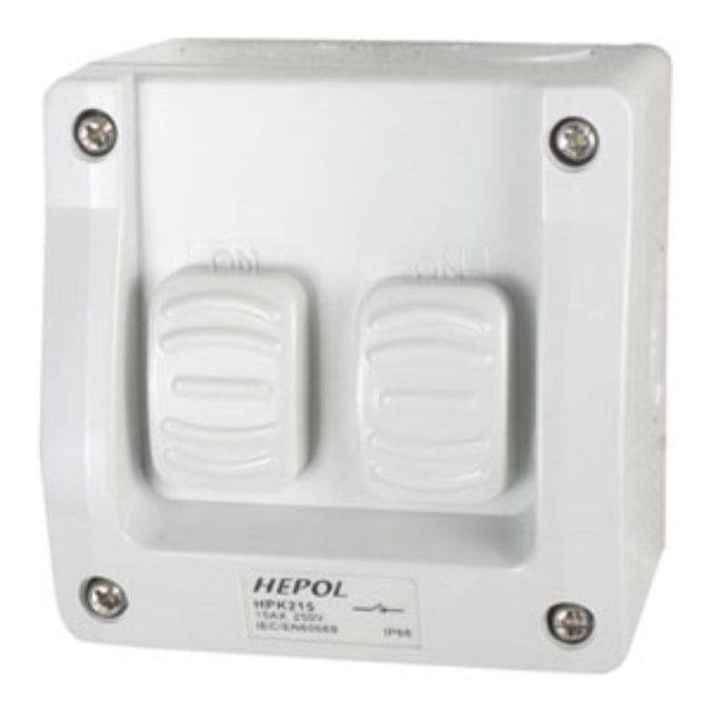 15A weatherproof 2 gang surface switch IP66 designed for outdoor use, offering dust and water resistance for reliable performance.