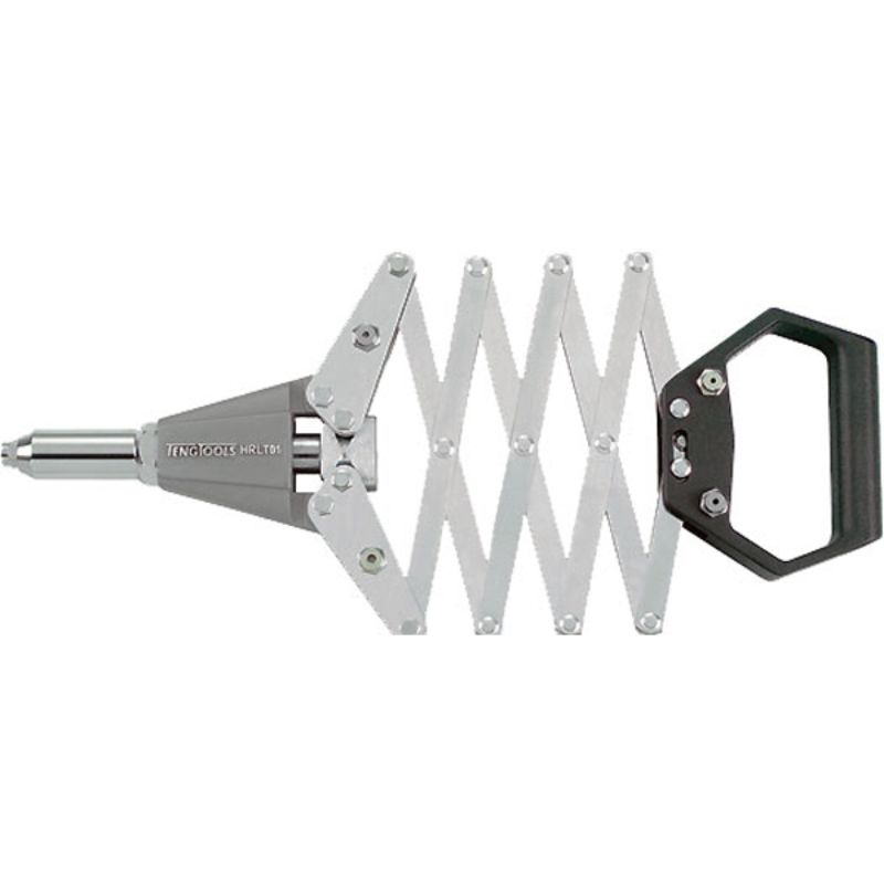 Heavy-duty rivet gun with long nose, lattice design, and interchangeable nose bushes for sizes up to 6.4mm, perfect for tight spaces.