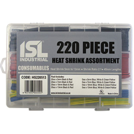 220pc heat shrink tubing kit with 2:1 shrink ratio, various colors for wire insulation and protection. Ideal for DIY projects.