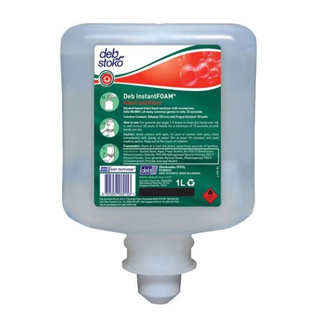 Deb Instant Foam Sanitiser 1L, a non-tainting foam formula that kills 99.999% of germs in 15 seconds, great for sensitive skin.