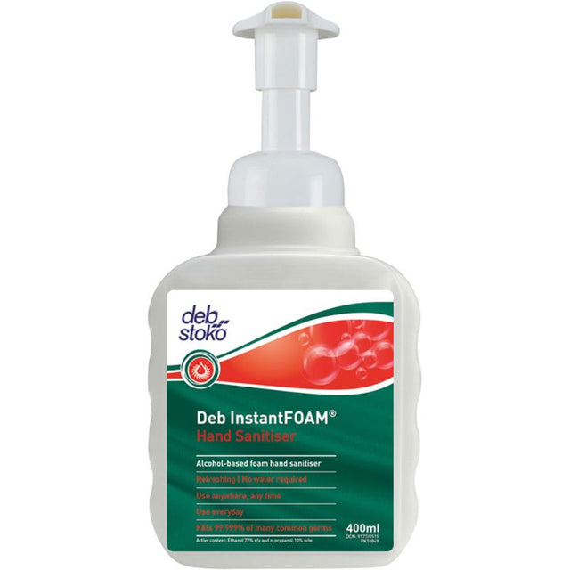 Deb Instant Foam Sanitiser 400ml, effective foam hand sanitiser that kills 99.999% of germs, skin-friendly, and fragrance-free.