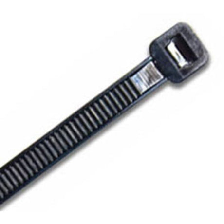 Durable black UV nylon cable ties, 200 x 3.6mm, 18.1kg tensile strength, ideal for heavy-duty cable management. Pack of 100.