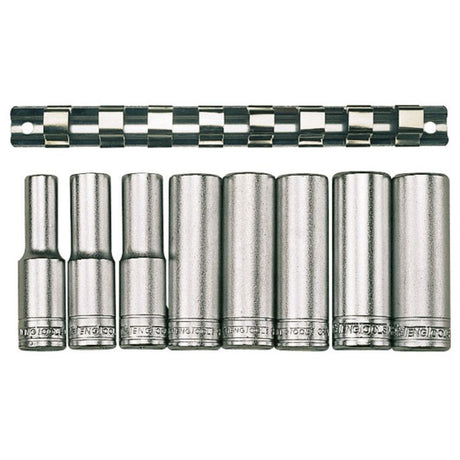 Teng 8pc 1/2in drive deep socket set, chrome vanadium steel, 12-point, sizes 13-24mm, with clip rail for easy storage.