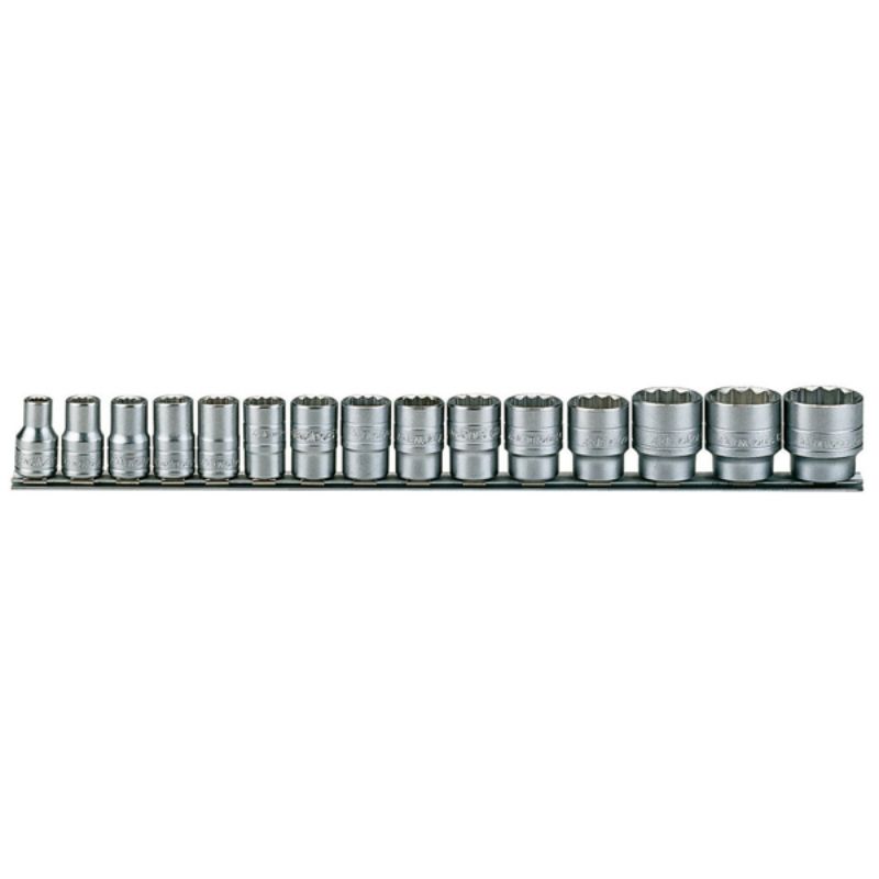 15-piece Teng AF socket set in chrome vanadium steel, featuring 12-point design and mounted on a metal clip rail for easy organization.