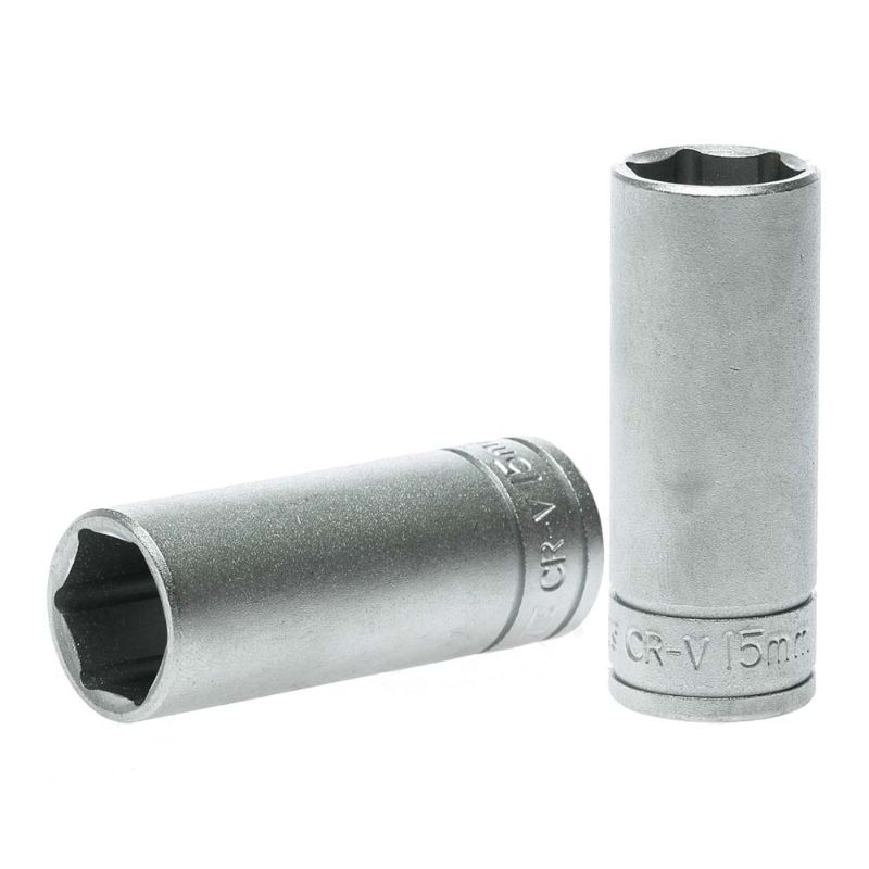 Teng 3/8in Dr. Deep Socket 15mm, chrome vanadium steel for durability, ideal for tight spaces in automotive repairs.