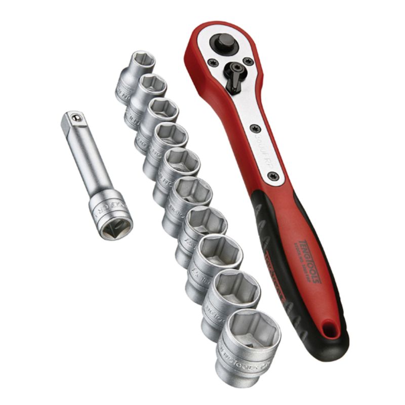 Teng 12-piece metric socket set in case, includes sockets 8-19mm, 3/8" ratchet, and 3" extension bar for versatile repairs.