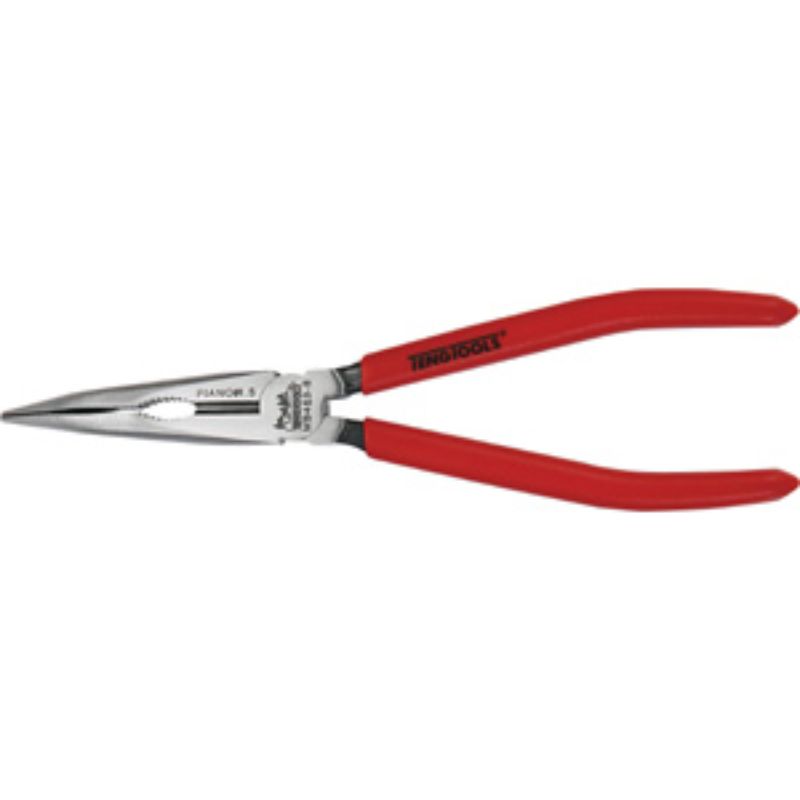 Teng MB 8in 45Deg. Angle Long Nose Plier with rubber grip, ideal for precision tasks in tight spaces, cuts various wire types.