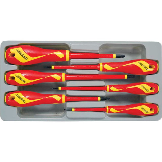 Teng 6pc insulated screwdriver set for electricians, rated 1000V, with ergonomic handles and color-coded shafts for easy use.