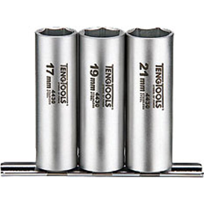 3-piece 1/2in drive deep socket set (17mm, 19mm, 21mm) made of durable chrome vanadium steel for precision and performance.