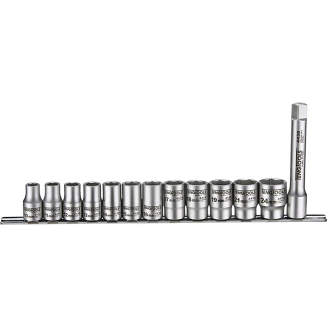 13-piece stainless steel socket set with 10-24mm sizes, 6-point design, and extension bar on a clip rail for easy access.