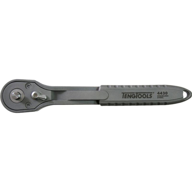 Stainless steel 3/8in Dr. ratchet handle with 36 teeth, flip reverse, and quick release for precision tasks.