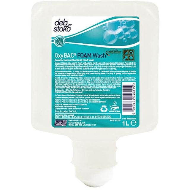 Deb Stoko Oxybac 1L Foam Hand Wash: Antibacterial foam in a 1L cartridge, dye-free and perfume-free, ideal for food service hygiene.