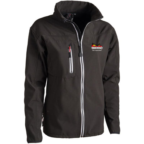 Teng Soft-shell Jacket in black, medium size, ideal for outdoor activities with wind and water resistance features.