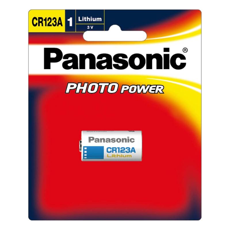 Panasonic 3V Lithium CR123A Camera Battery, 1700mAh, designed for reliable power in cameras and electronic devices.