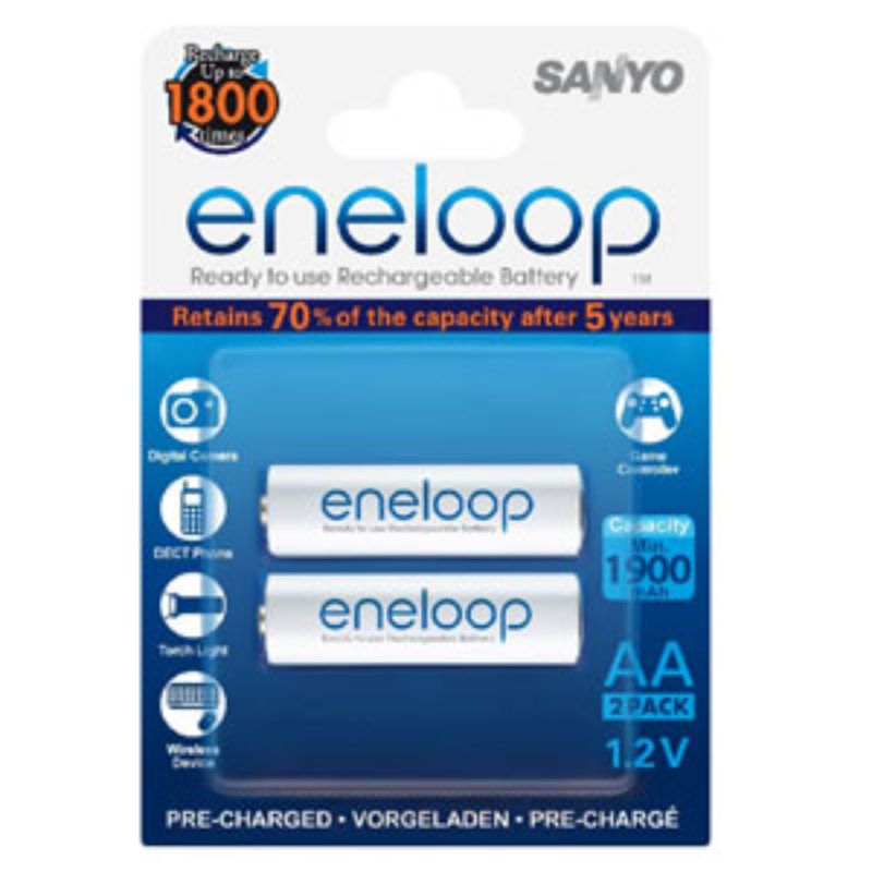 Panasonic Eneloop 1900mAh 1.2V Rechargeable AA batteries in a 2-pack, ideal for eco-friendly, high-drain device usage.