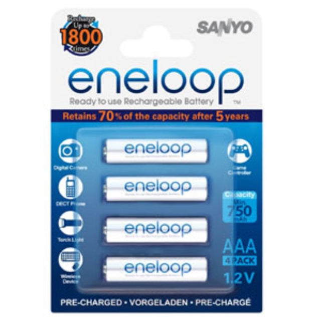 Panasonic Eneloop 750mAh 1.2V Rechargeable AAA Batteries 4-pack, eco-friendly power solution for various devices.