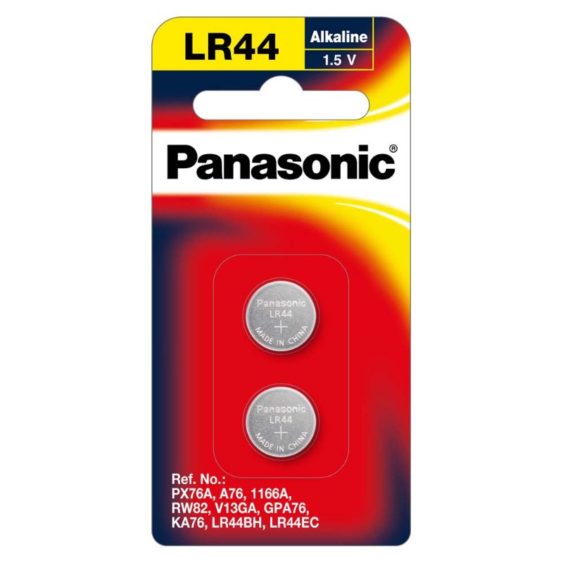 Panasonic 1.5V LR44/A26 button battery, compact and reliable, ideal for watches, calculators, and toys, measuring 11.6mm x 5.4mm.