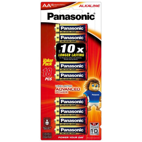 Panasonic AA Battery Alkaline 18-pack for reliable, long-lasting power in everyday electronic devices like remotes and toys.