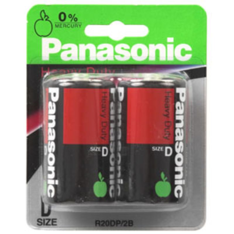 Two Panasonic D Heavy Duty batteries in a pack, ideal for powering high-drain devices like flashlights and toys.