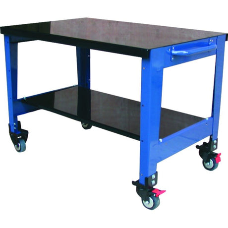 Heavy-duty ProEquip mobile workbench, 1100x700x830mm, with steel construction, 300kg capacity, and swivel castors for easy mobility.