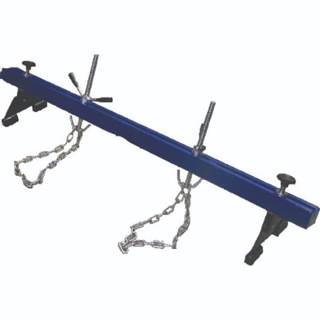 Heavy-duty engine support bar with double chain design, 500kg capacity, adjustable lengths, and rubber padded legs for stability.