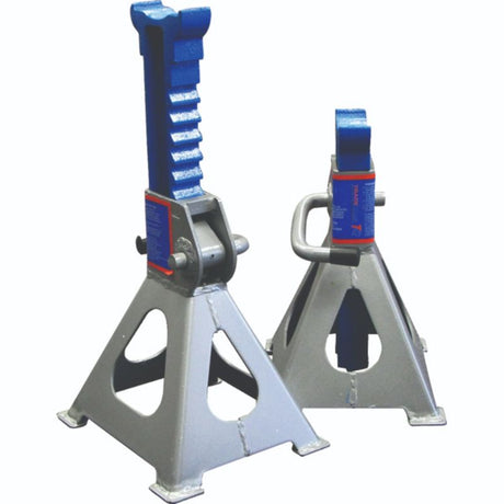 ProEquip 5000kg Axle Jack Stands pair for heavy-duty vehicle support, featuring ratchet mechanism and durable steel construction.