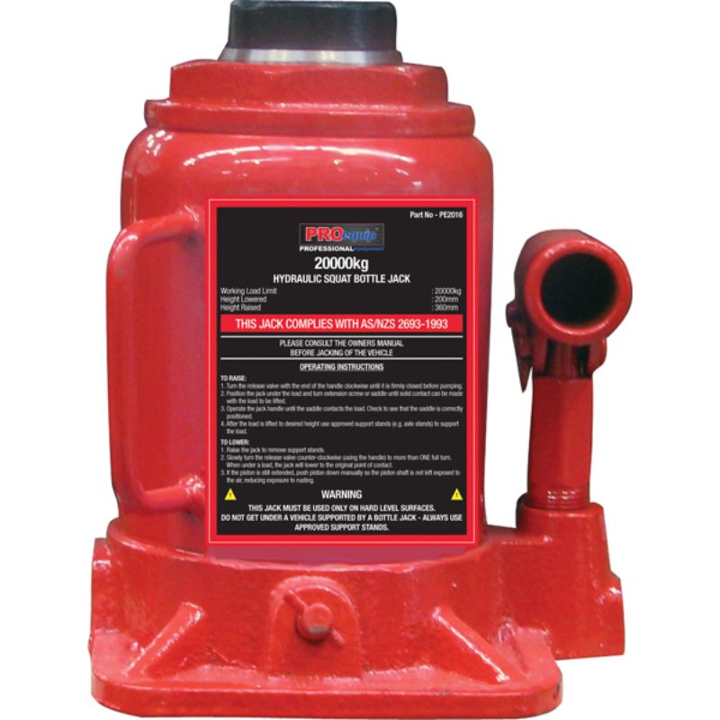 ProEquip 20000kg Squat Bottle Jack, a heavy-duty hydraulic jack for vertical lifting with a 100mm lift and 20000kg capacity.