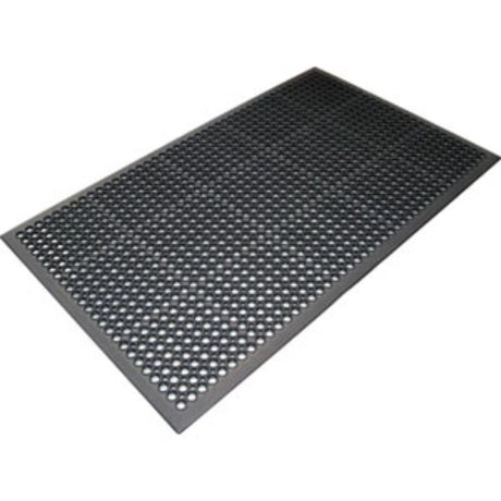 ProEquip Rubber Anti-Fatigue Mat: 1500x900mm, features drainage holes, textured underside, and soft rubber for comfort in wet/dry areas.