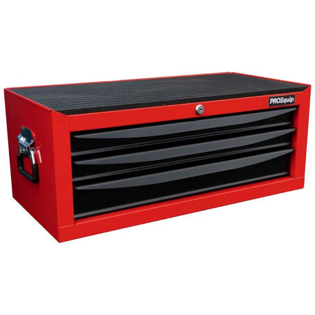 ProEquip 3-Drawer Middle Tool Box with durable steel, sleek finish, heavy-duty sliders, and secure locking system for tool storage.