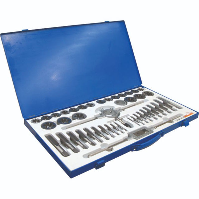 ProEquip 45pc Metric Tap & Die Set in a metal case, made from Tungsten Alloy Steel for thread cleaning and cutting.