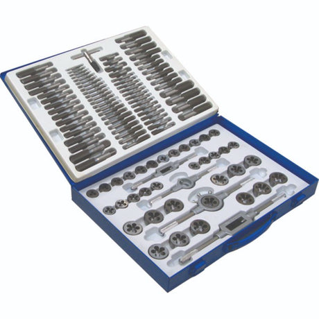 ProEquip 110pc Tap & Die Set in a metal case, featuring high-quality tools for precise threading in metal and aluminum.