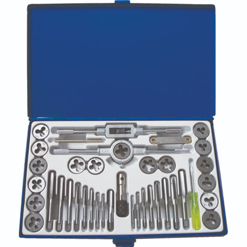 ProEquip 39pc Compact Tap & Die Set in metal case, featuring SAE and Metric sizes for durable threading on steel and aluminum.