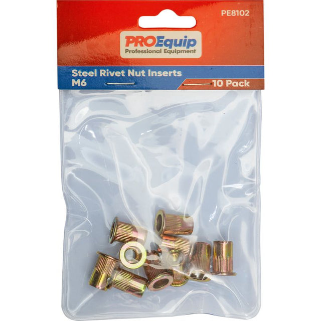 ProEquip M6 Steel Rivet Nut Inserts - 10pk, durable steel anchors for strong fastening in automotive and DIY projects.