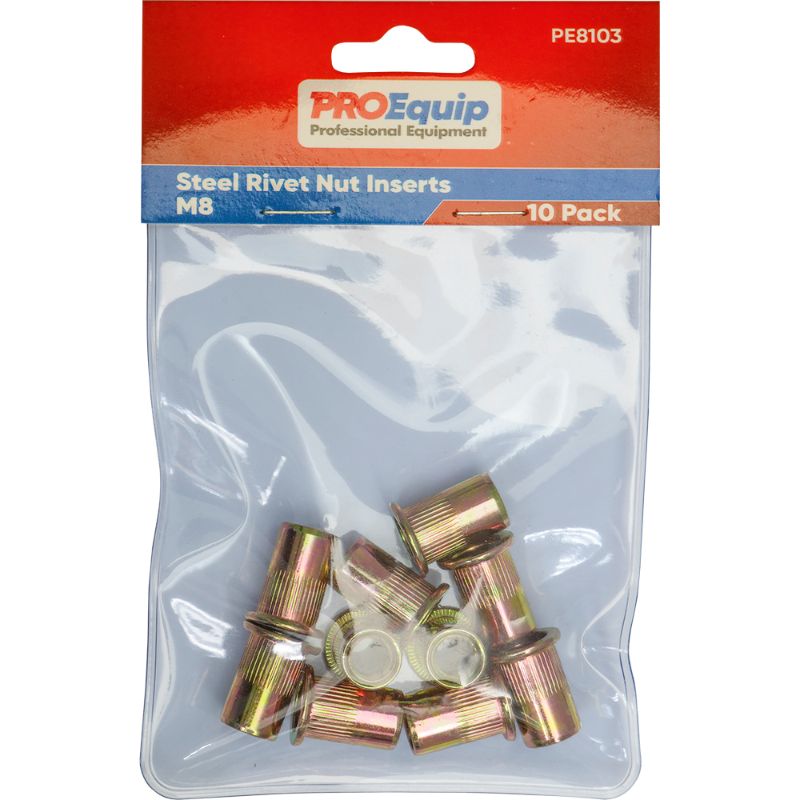 ProEquip M8 Steel Rivet Nut Inserts pack of 10, ideal for strong, secure fastenings in various projects. Durable and easy to install.