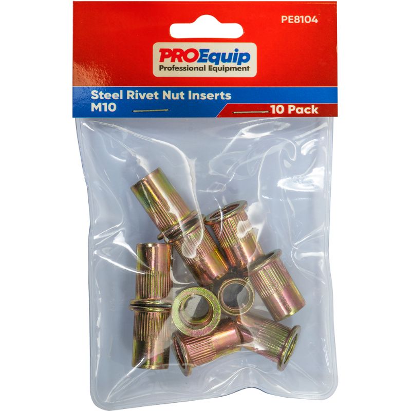 ProEquip M10 Steel Rivet Nut Inserts in a 10 pack, durable steel fasteners for automotive, furniture, and DIY projects.