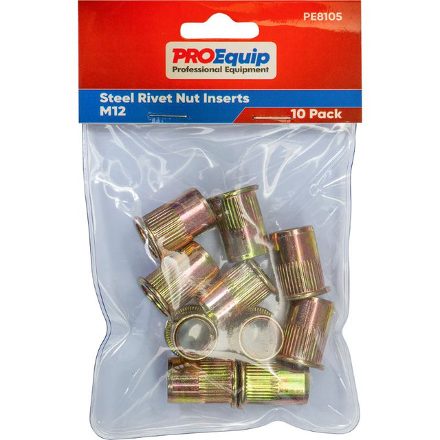 ProEquip M12 Steel Rivet Nut Inserts pack of 10, designed for strong threaded connections in metal or wood projects.