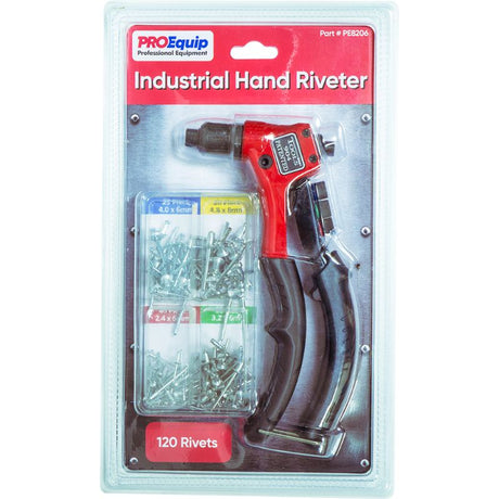 ProEquip Industrial Hand Riveter with ergonomic grip and 120 assorted rivets for easy metal and plastic riveting tasks.