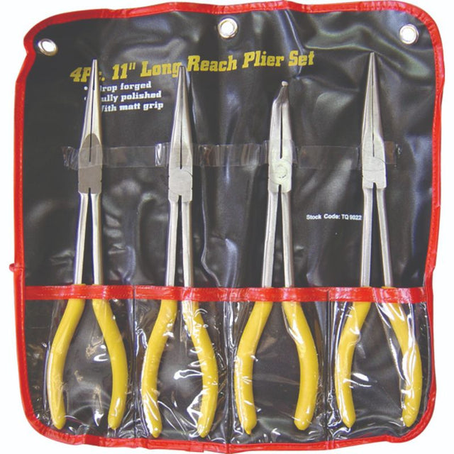 ProEquip 4pc Long Handle Plier Set featuring 11-inch tools, 2 straight and 2 bent pliers, with a storage wallet for easy transport.