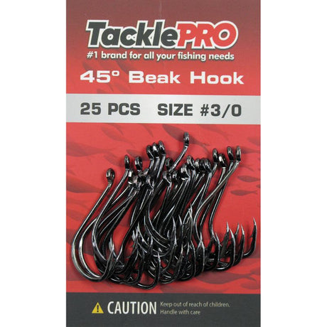 TacklePro 45-degree Beak Hooks #3/0 pack of 25, designed for strength and reliability in freshwater and saltwater fishing.