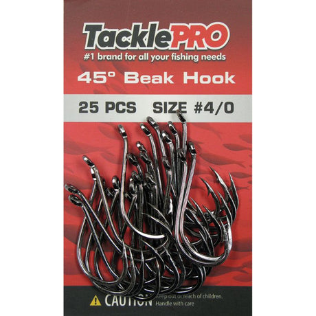 TacklePro 45deg. Beak Hook #4/0, 25-pack, designed for optimal penetration and durability for various fishing species.