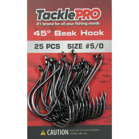 TacklePro 45deg. Beak Hook #5/0, 25-pack hooks designed for reliability in saltwater and freshwater fishing.